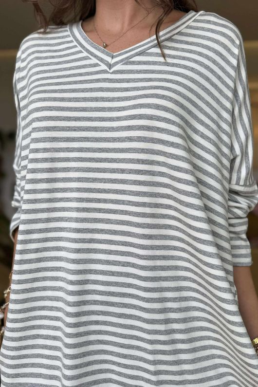 Made in Italy Perfect Breton V Long Sleeve Top Light Grey - ** 